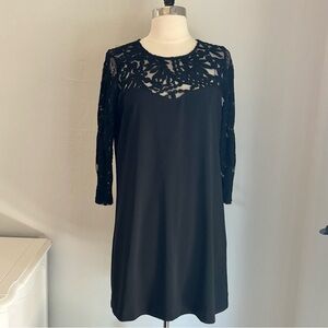 Black 3/4 Sleeve Lace Yoke Mini Shift Dress Tunic, Large Holiday Party LBD